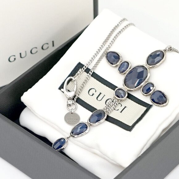 GUCCI blue Stone Cross Necklace 27" Silver 925 Auth w/Box p11061 - Picture 1 of 6